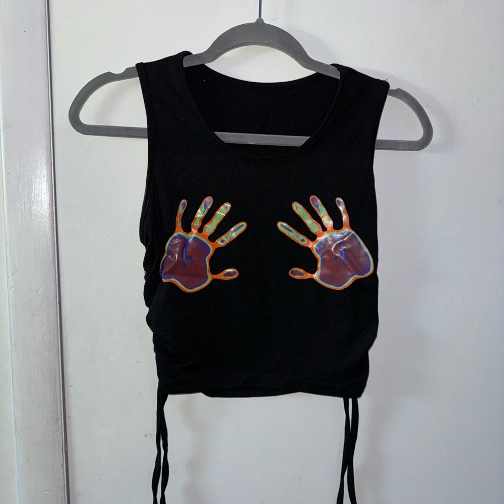 SHEIN Black Crop Top with Colorful Handprint Design